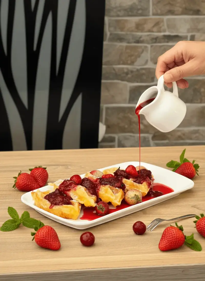 Waffle de frutos rojos en su plato, con salsa de frutos rojos vertida desde una jarrita y fresas alrededor.